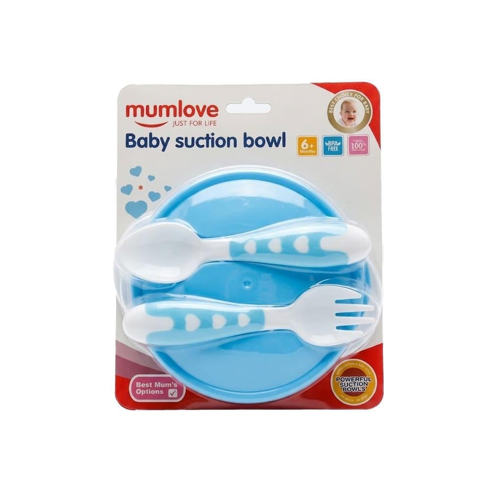 MumLove Food Bowl with Spoon and Fork, Blue, 6+ Months