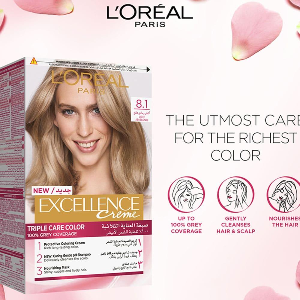 لوريال باريس إكسلانس كريم صبغة شعر العناية الثلاثية - اشقر رمادي فاتح 8.1